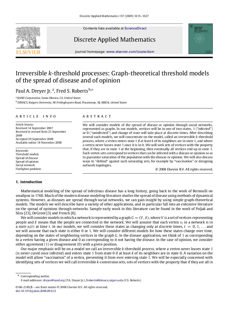 Irreversible kk-threshold processes: Graph-theoretical threshold models of the spread of disease and of opinion