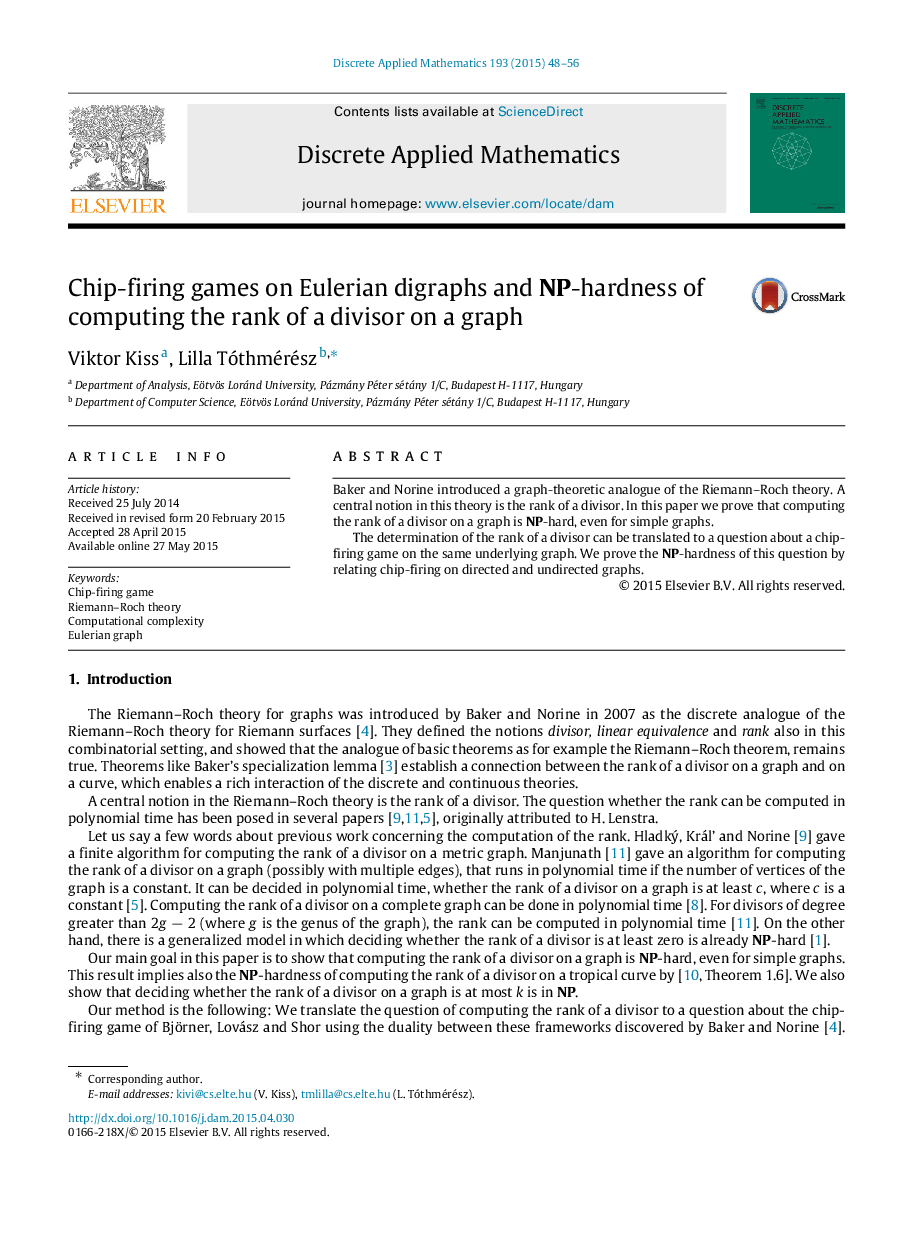 Chip-firing games on Eulerian digraphs and NP-hardness of computing the rank of a divisor on a graph