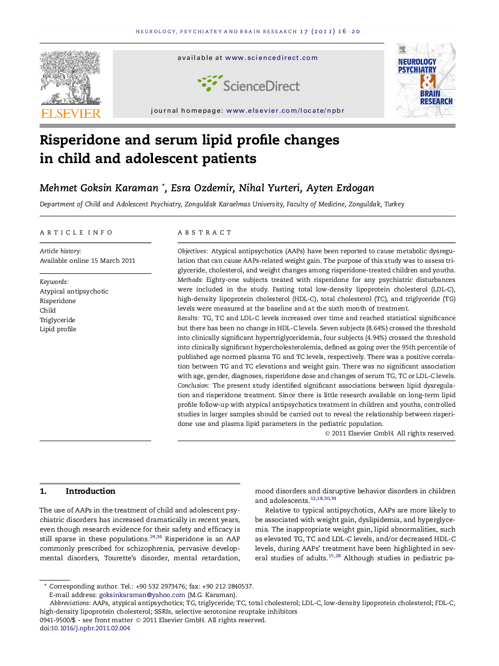 Risperidone and serum lipid profile changes in child and adolescent patients