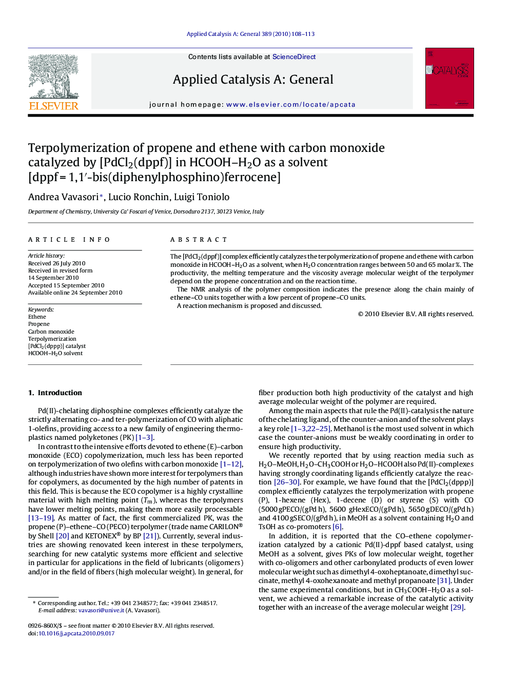 Terpolymerization of propene and ethene with carbon monoxide catalyzed by [PdCl2(dppf)] in HCOOH–H2O as a solvent [dppf = 1,1′-bis(diphenylphosphino)ferrocene]