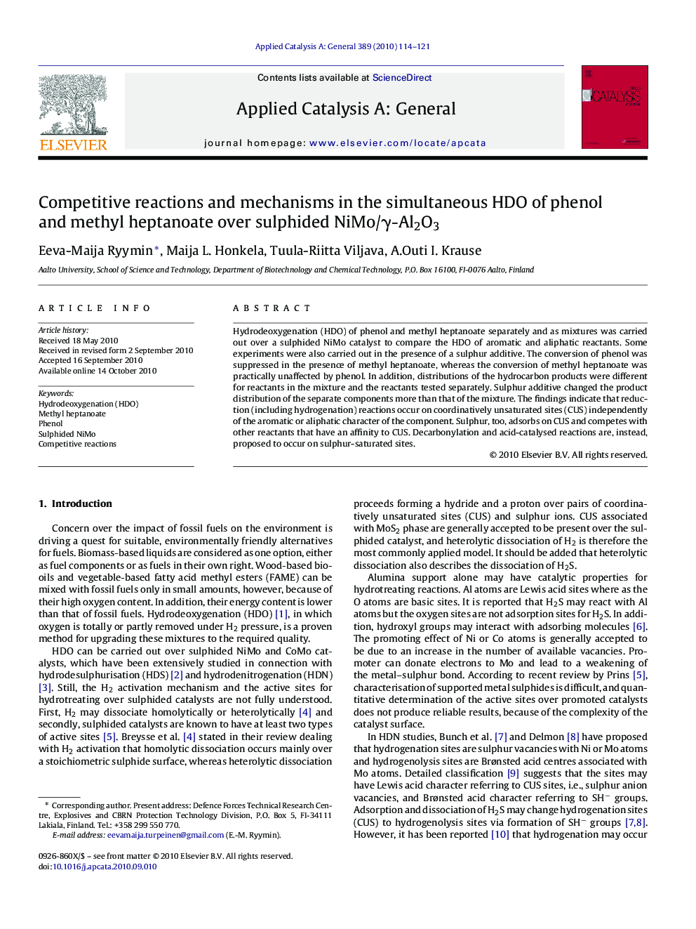 Competitive reactions and mechanisms in the simultaneous HDO of phenol and methyl heptanoate over sulphided NiMo/γ-Al2O3