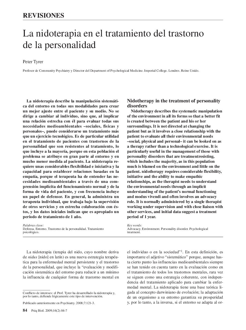 La nidoterapia en el tratamiento del trastorno de la personalidad