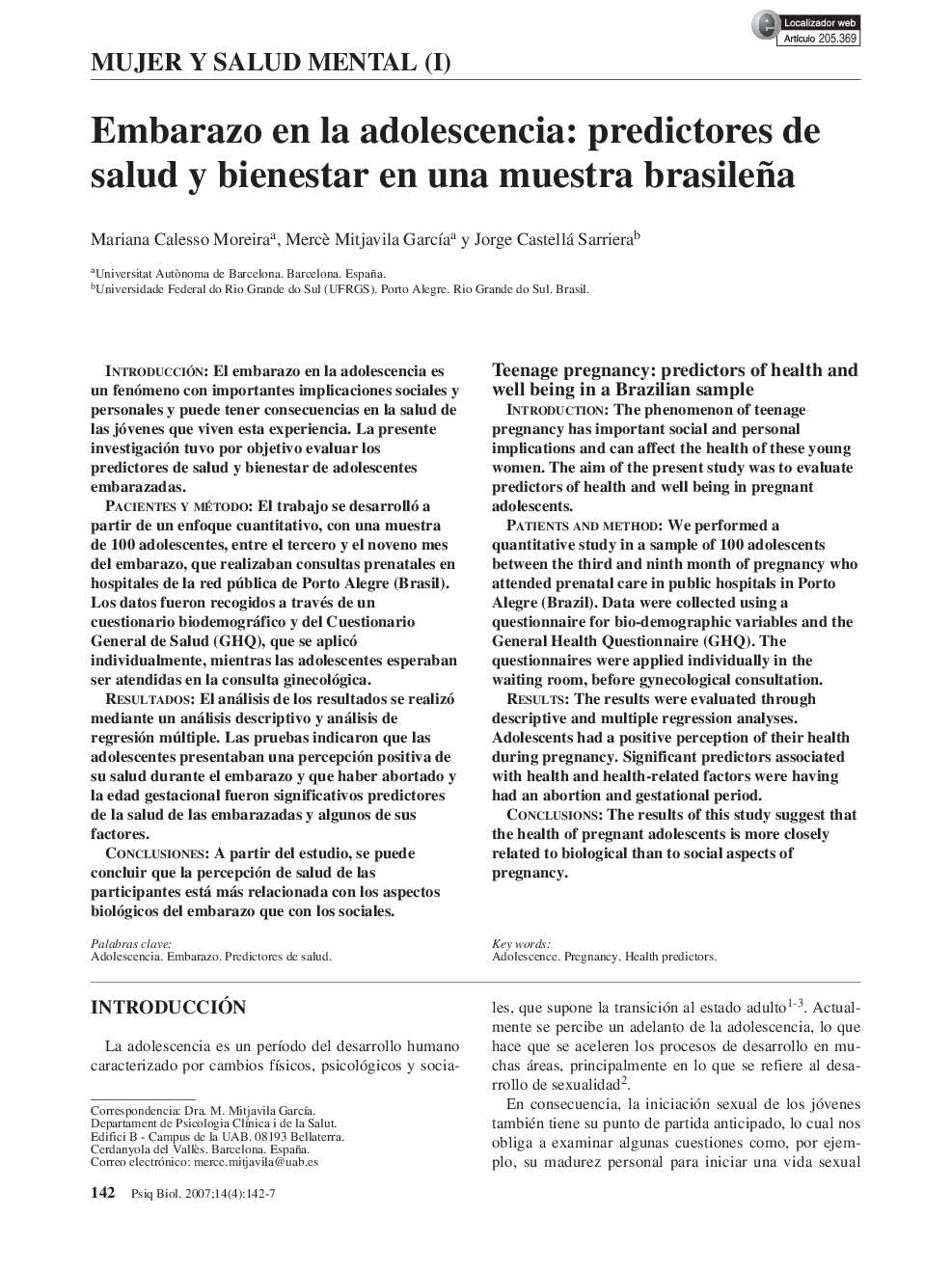 Embarazo en la adolescencia: predictores de salud y bienestar en una muestra brasileña