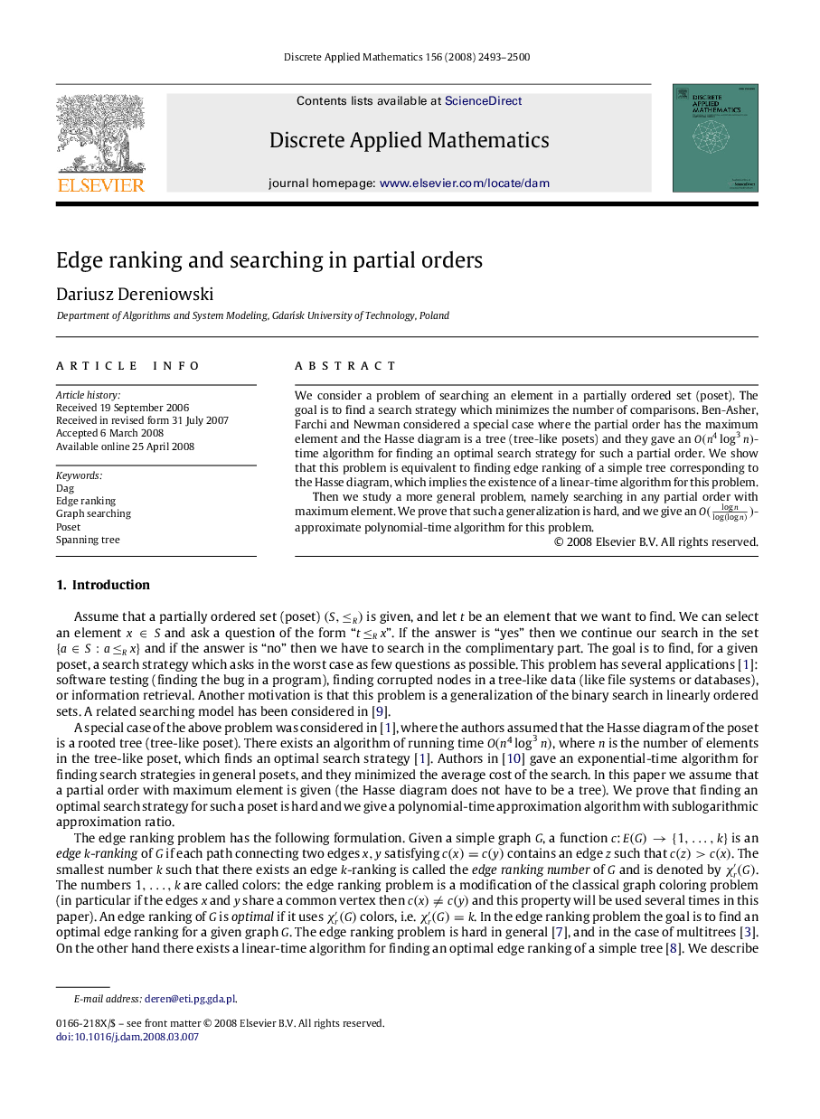 Edge ranking and searching in partial orders