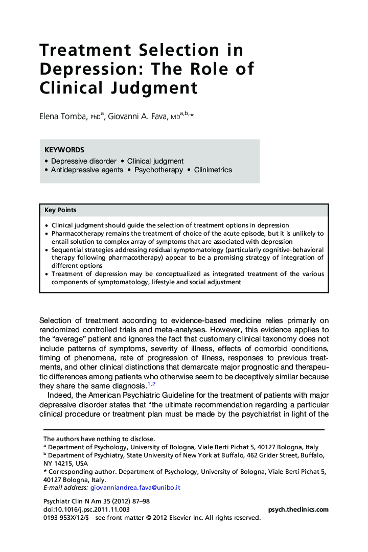 Treatment Selection in Depression: The Role of Clinical Judgment