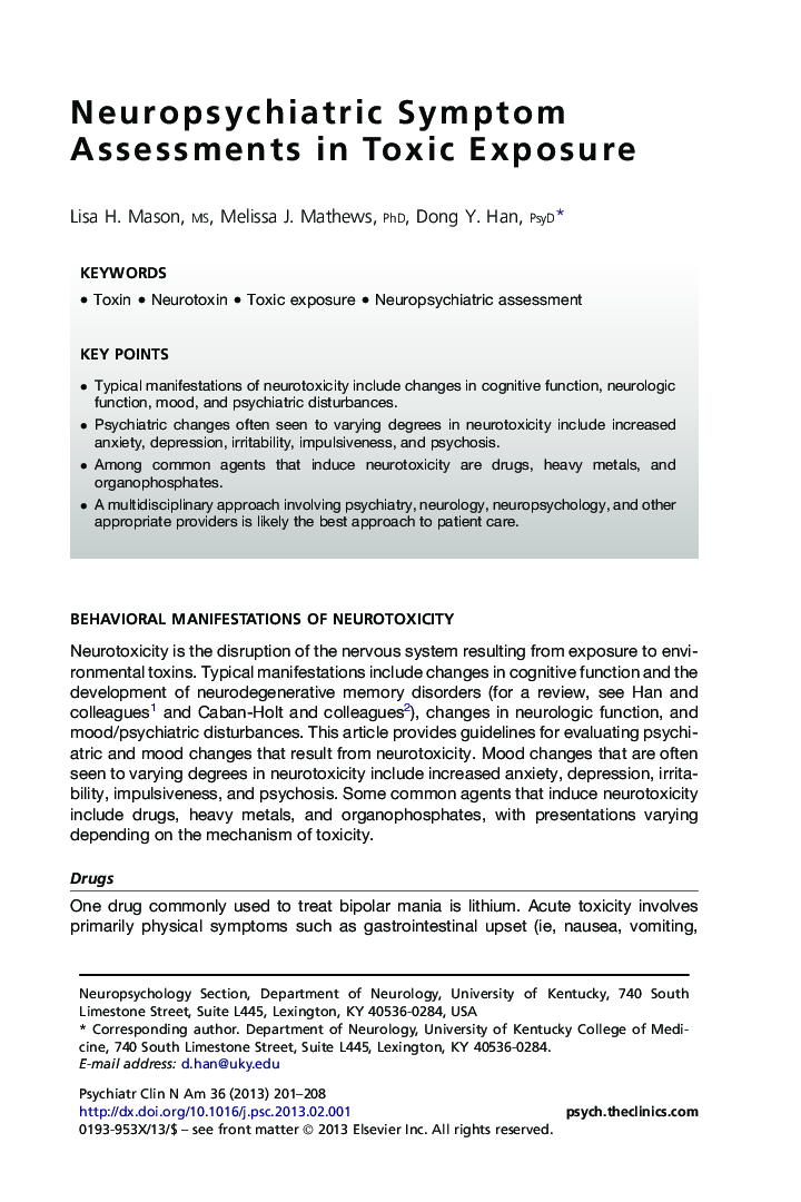 Neuropsychiatric Symptom Assessments in Toxic Exposure