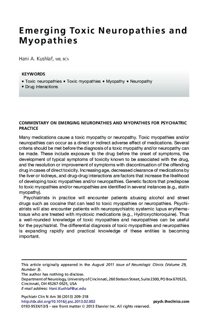 Emerging Toxic Neuropathies and Myopathies