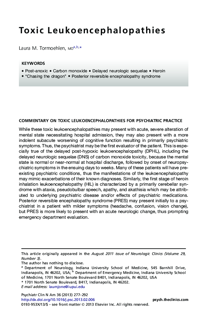 Toxic Leukoencephalopathies