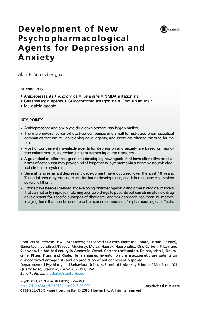 Development of New Psychopharmacological Agents for Depression and Anxiety