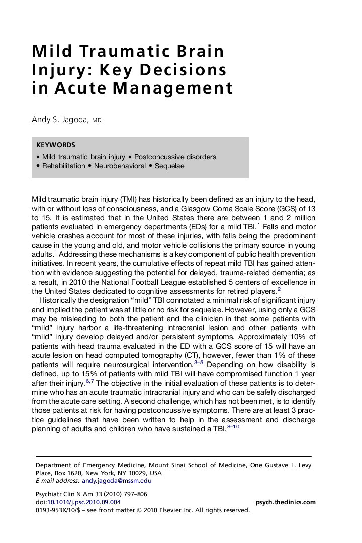 Mild Traumatic Brain Injury: Key Decisions in Acute Management