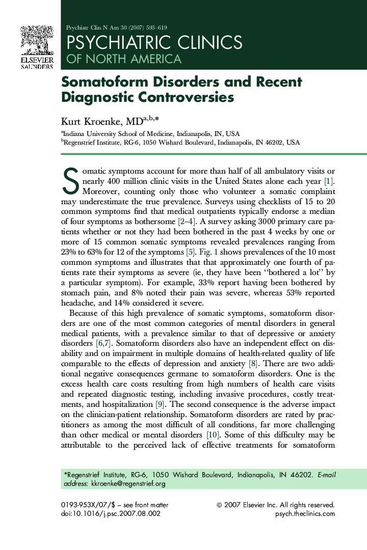 Somatoform Disorders and Recent Diagnostic Controversies