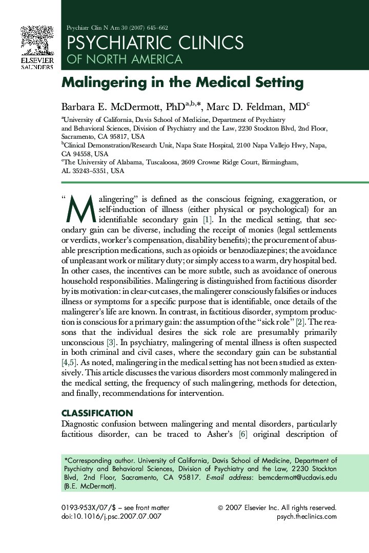 Malingering in the Medical Setting