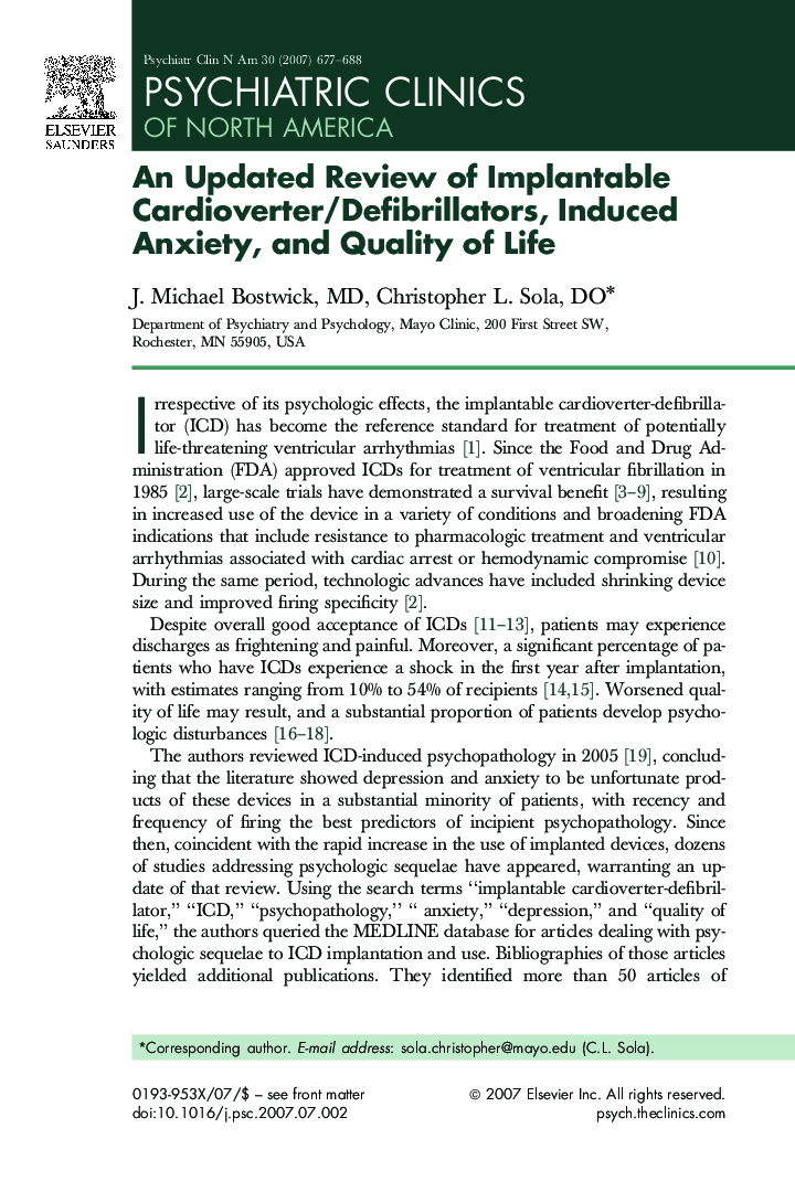 An Updated Review of Implantable Cardioverter/Defibrillators, Induced Anxiety, and Quality of Life