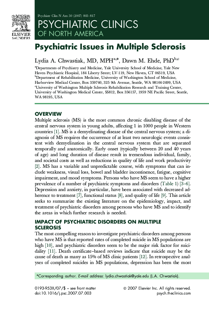 Psychiatric Issues in Multiple Sclerosis