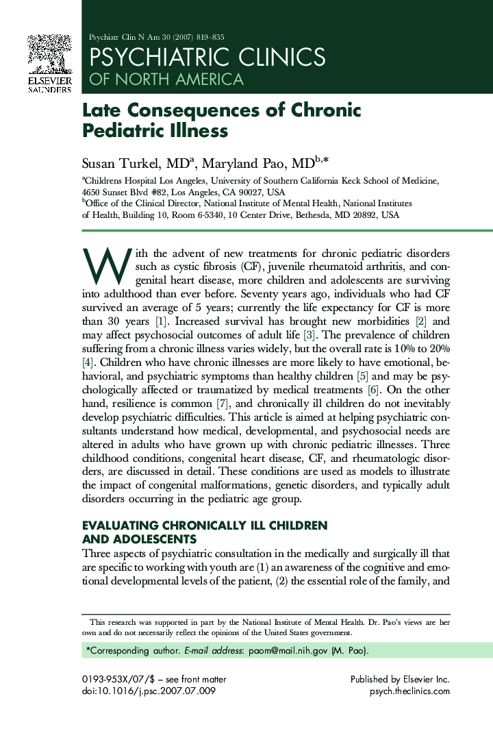 Late Consequences of Chronic Pediatric Illness