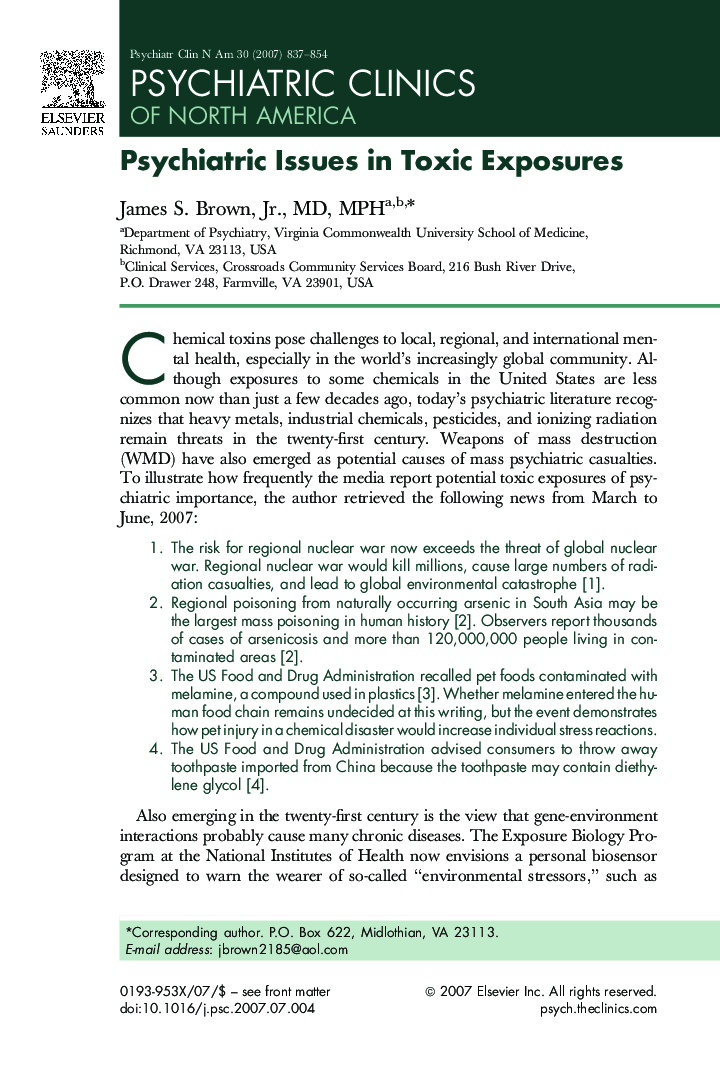 Psychiatric Issues in Toxic Exposures