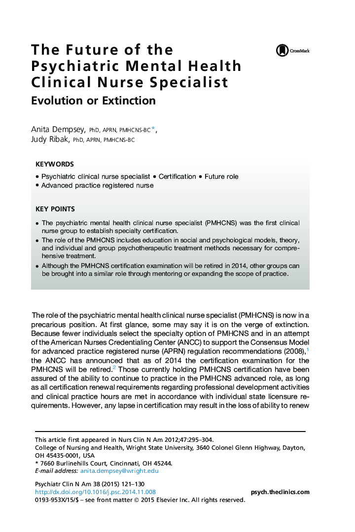 The Future of the Psychiatric Mental Health Clinical Nurse Specialist