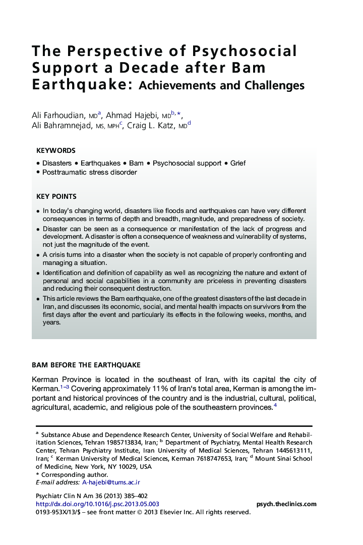 The Perspective of Psychosocial Support a Decade after Bam Earthquake