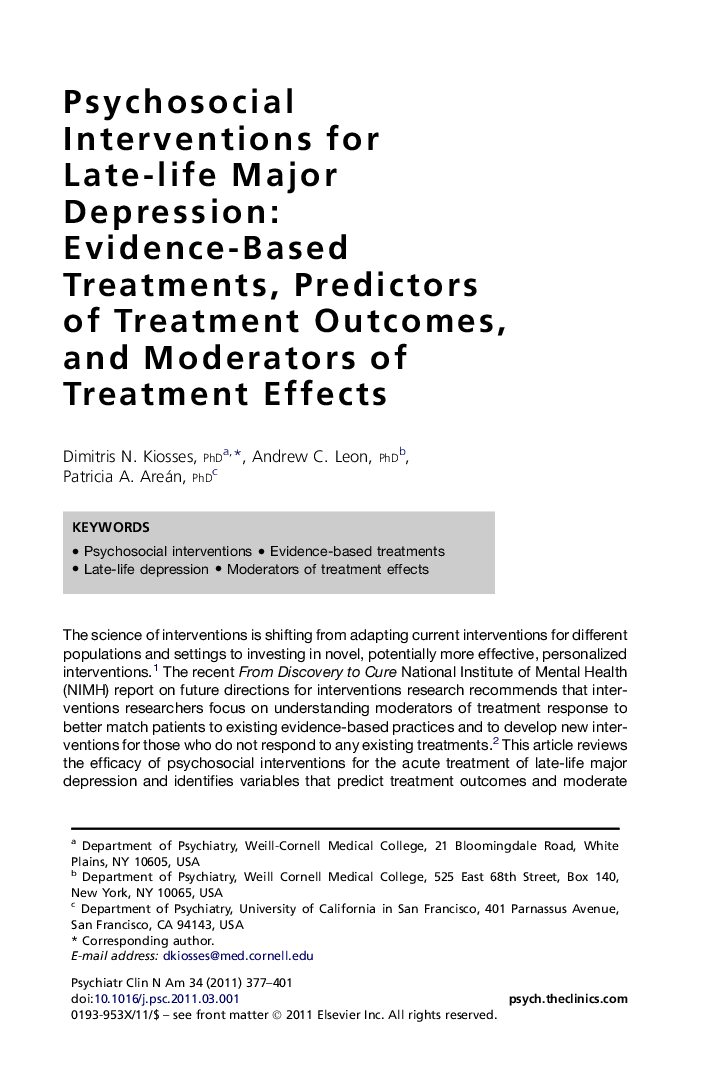 Psychosocial Interventions for Late-life Major Depression: Evidence-Based Treatments, Predictors of Treatment Outcomes, and Moderators of Treatment Effects