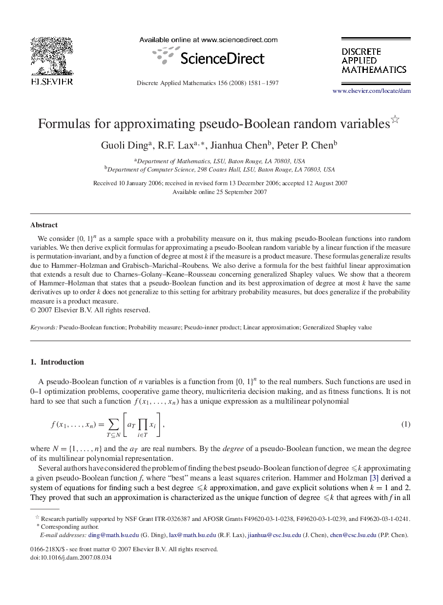 Formulas for approximating pseudo-Boolean random variables 