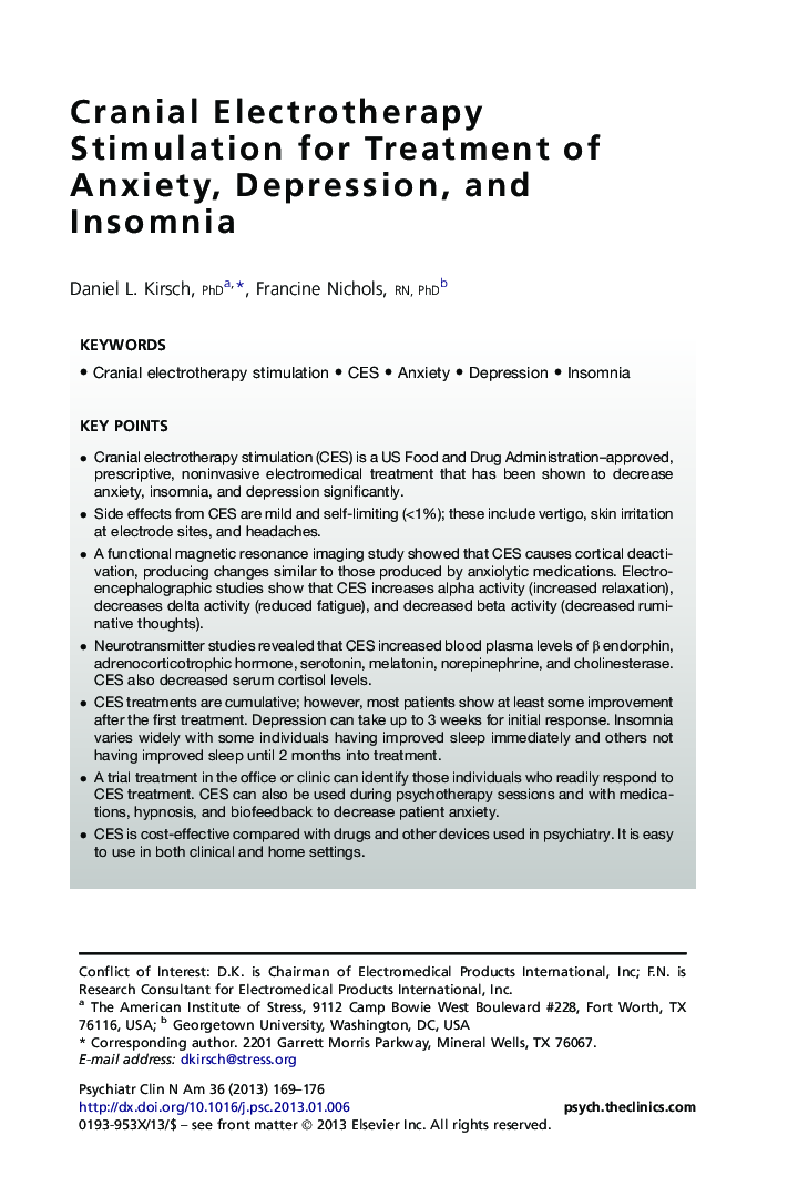 Cranial Electrotherapy Stimulation for Treatment of Anxiety, Depression, and Insomnia