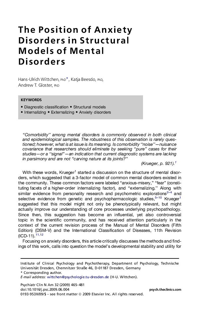 The Position of Anxiety Disorders in Structural Models of Mental Disorders