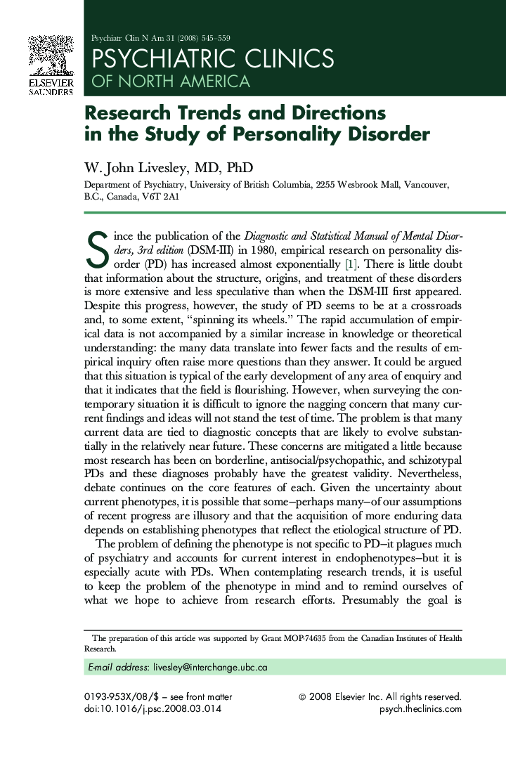 Research Trends and Directions in the Study of Personality Disorder