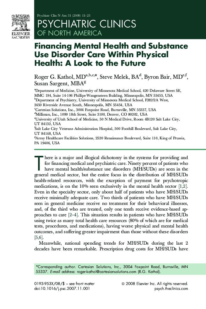 Financing Mental Health and Substance Use Disorder Care Within Physical Health: A Look to the Future