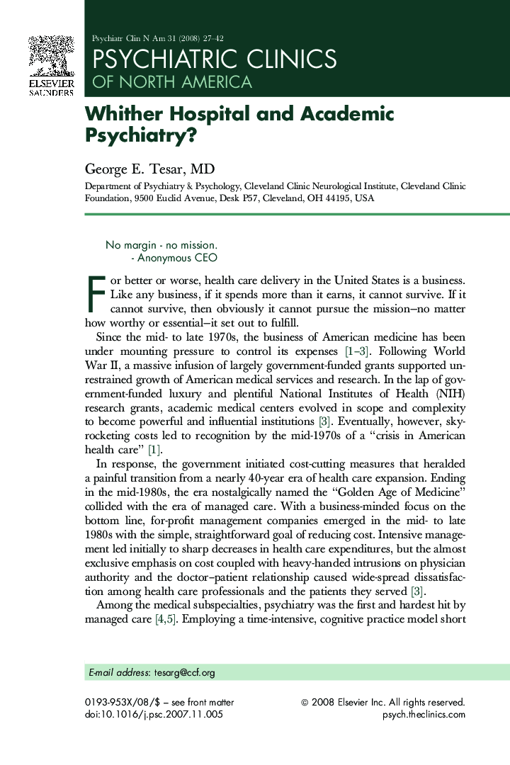 Whither Hospital and Academic Psychiatry?