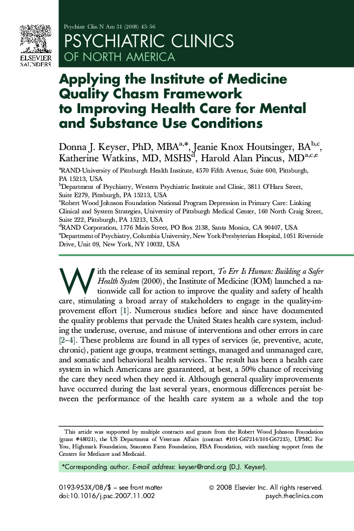 Applying the Institute of Medicine Quality Chasm Framework to Improving Health Care for Mental and Substance Use Conditions 