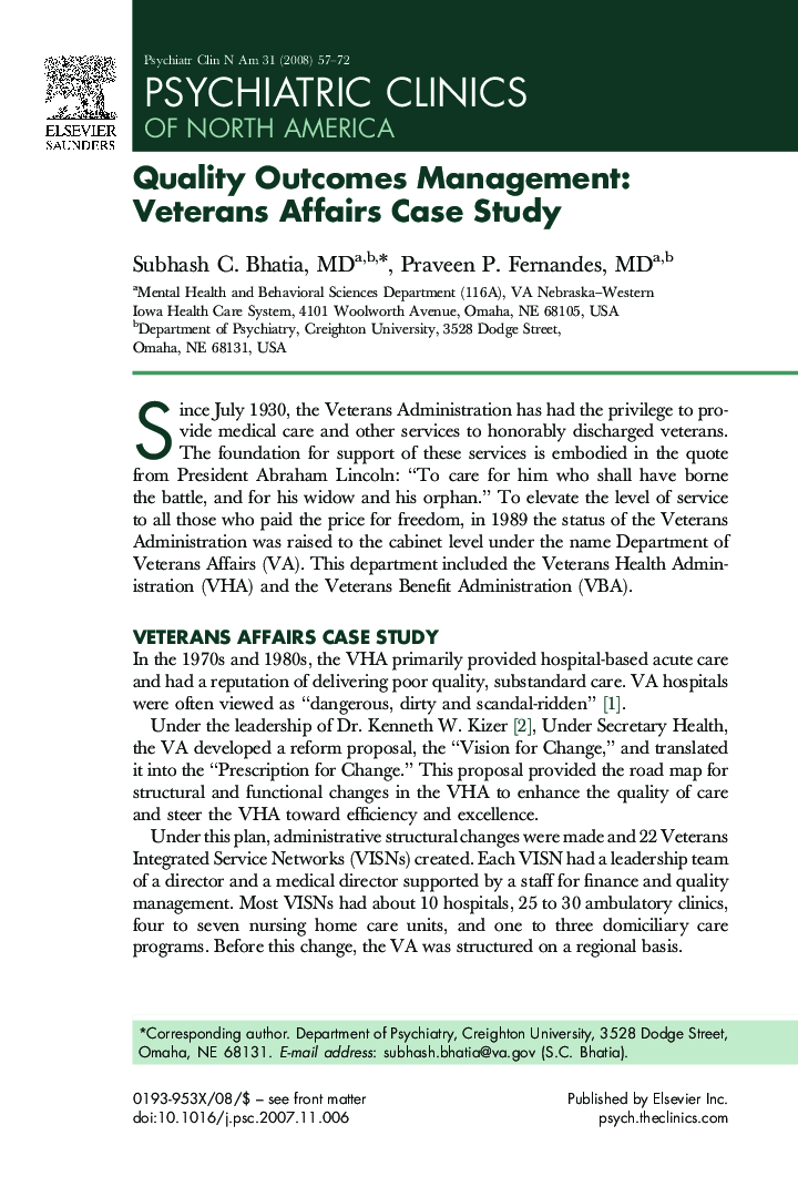 Quality Outcomes Management: Veterans Affairs Case Study
