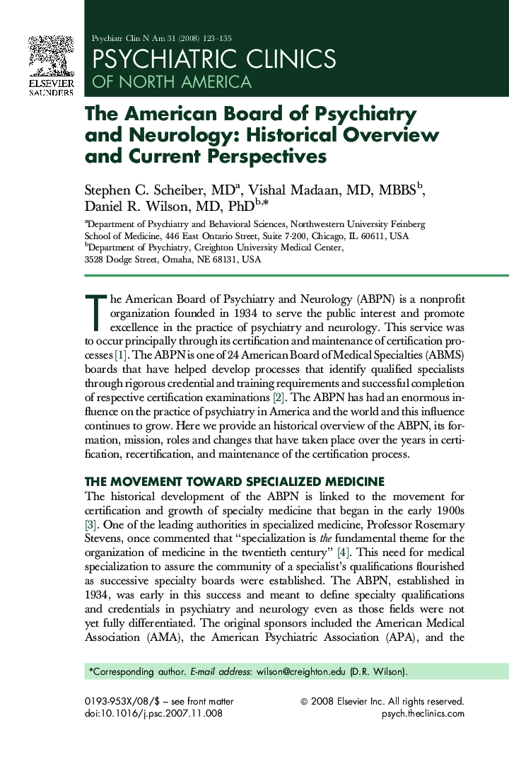 The American Board of Psychiatry and Neurology: Historical Overview and Current Perspectives