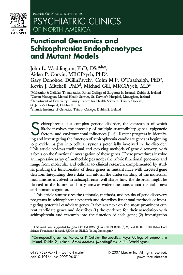 Functional Genomics and Schizophrenia: Endophenotypes and Mutant Models