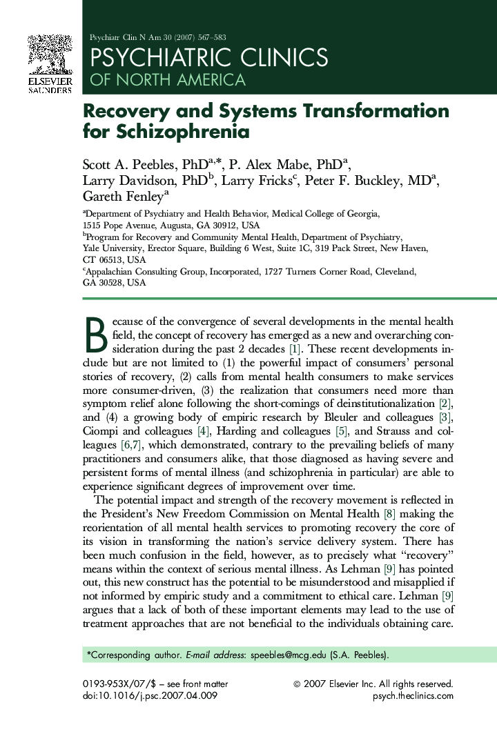 Recovery and Systems Transformation for Schizophrenia