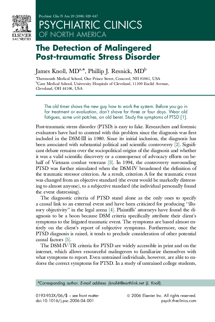 The Detection of Malingered Post-traumatic Stress Disorder