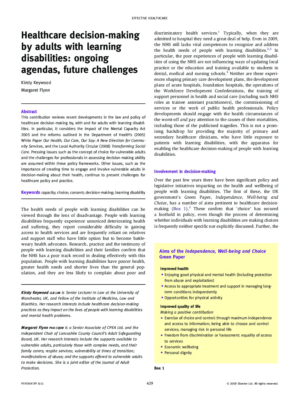 Healthcare decision-making by adults with learning disabilities: ongoing agendas, future challenges