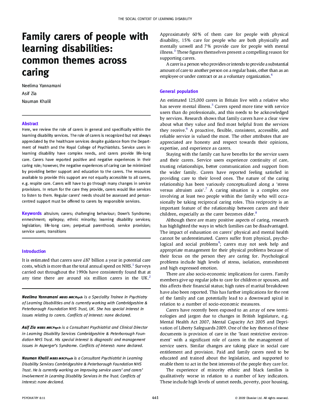 Family carers of people with learning disabilities: common themes across caring