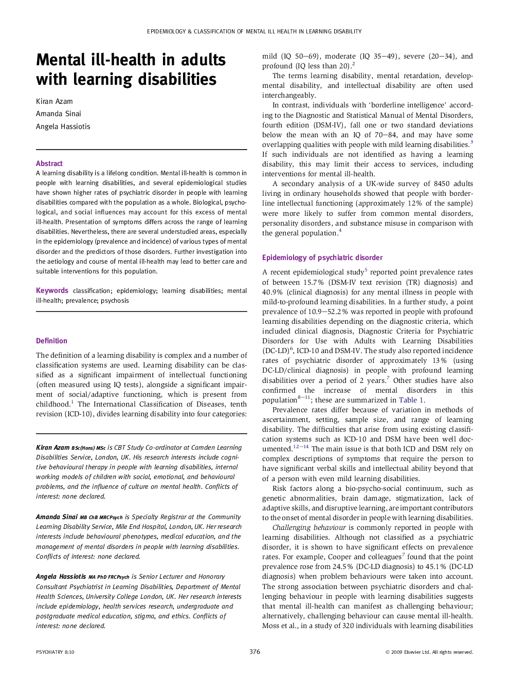 Mental ill-health in adults with learning disabilities