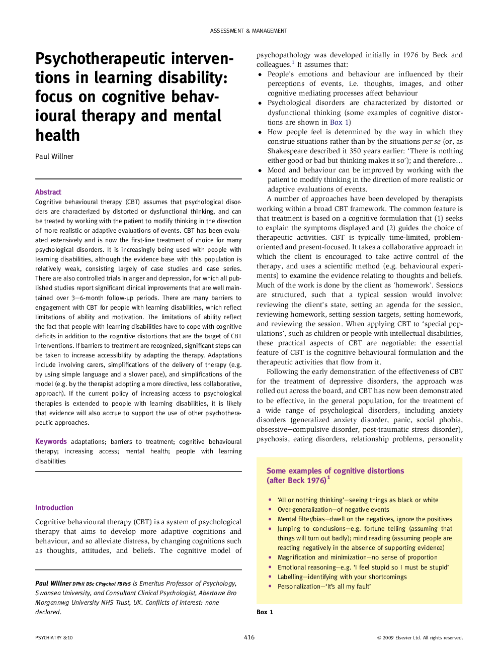 Psychotherapeutic interventions in learning disability: focus on cognitive behavioural therapy and mental health