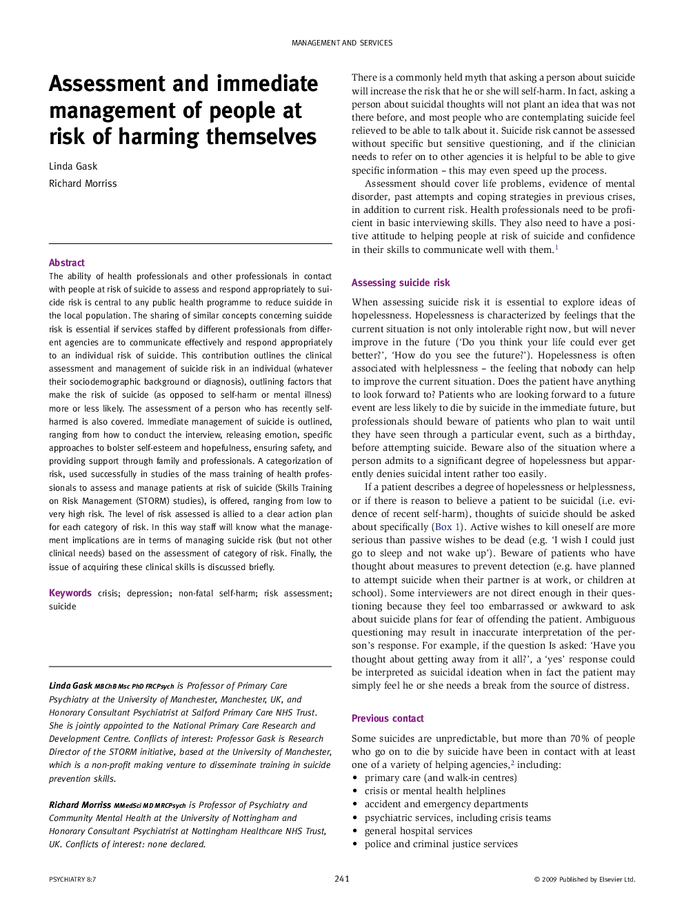 Assessment and immediate management of people at risk of harming themselves