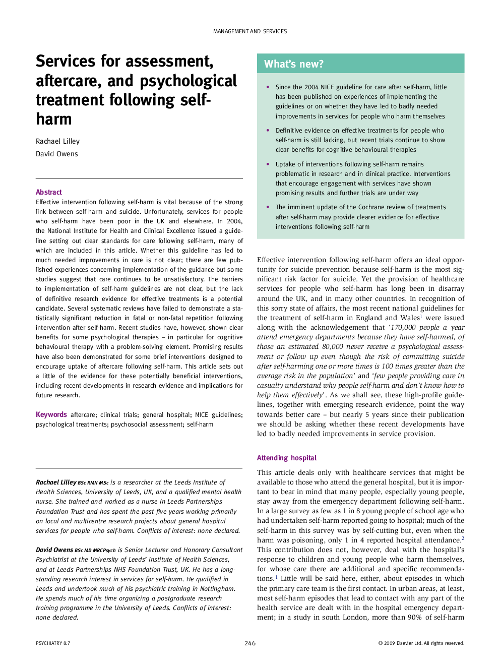 Services for assessment, aftercare, and psychological treatment following self-harm