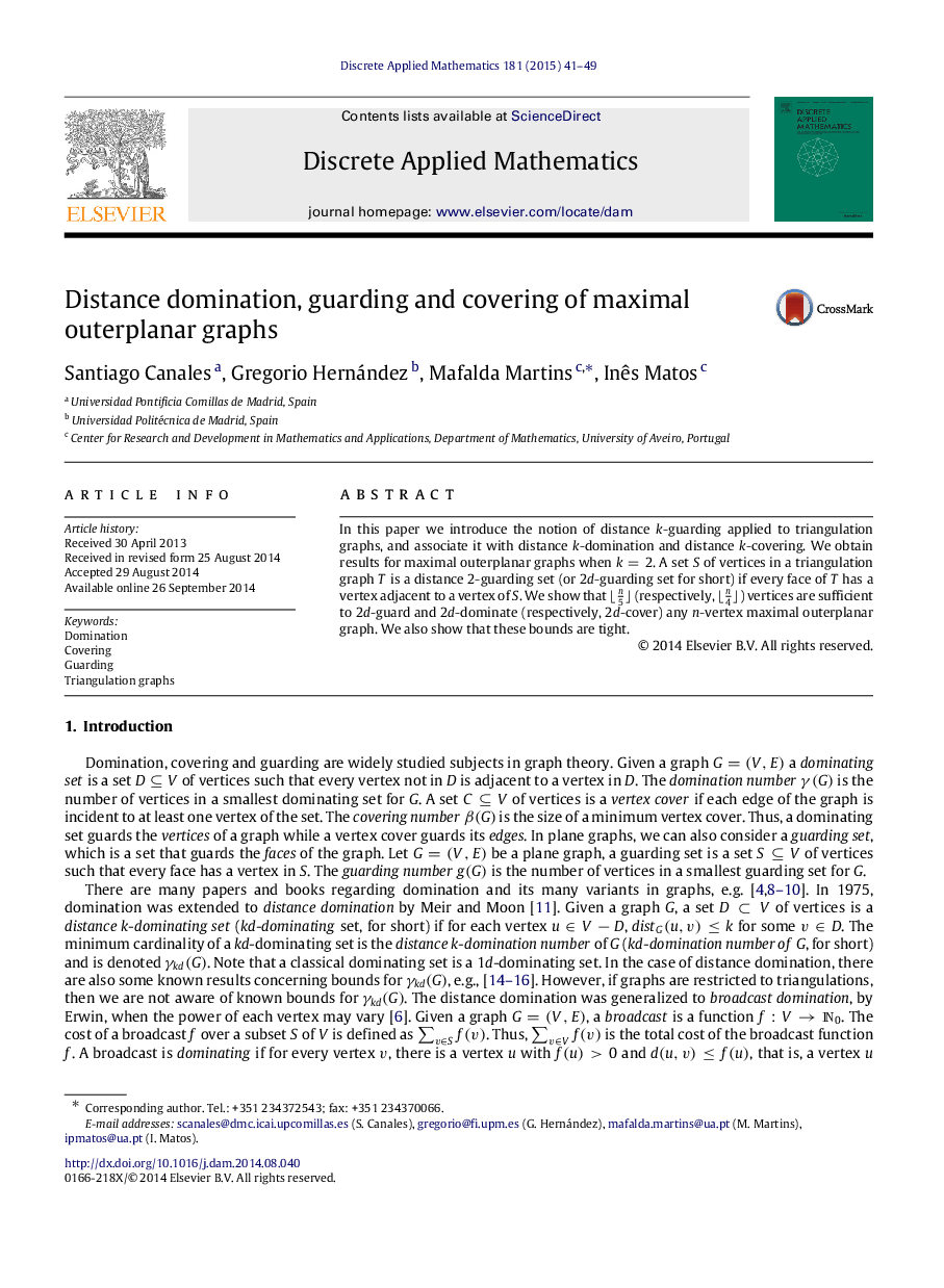 Distance domination, guarding and covering of maximal outerplanar graphs