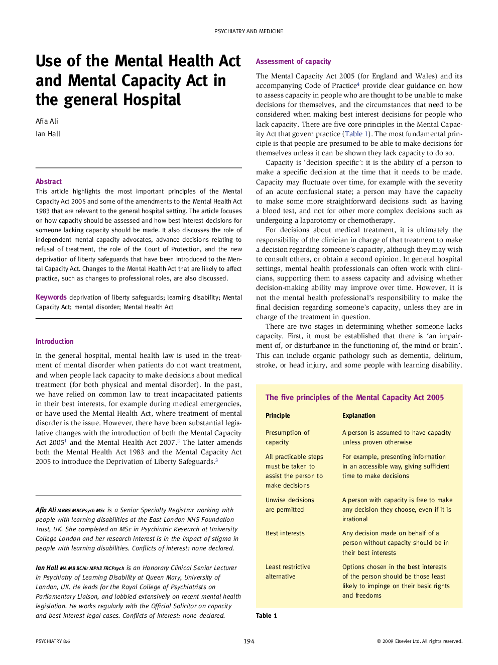 Use of the Mental Health Act and Mental Capacity Act in the general Hospital