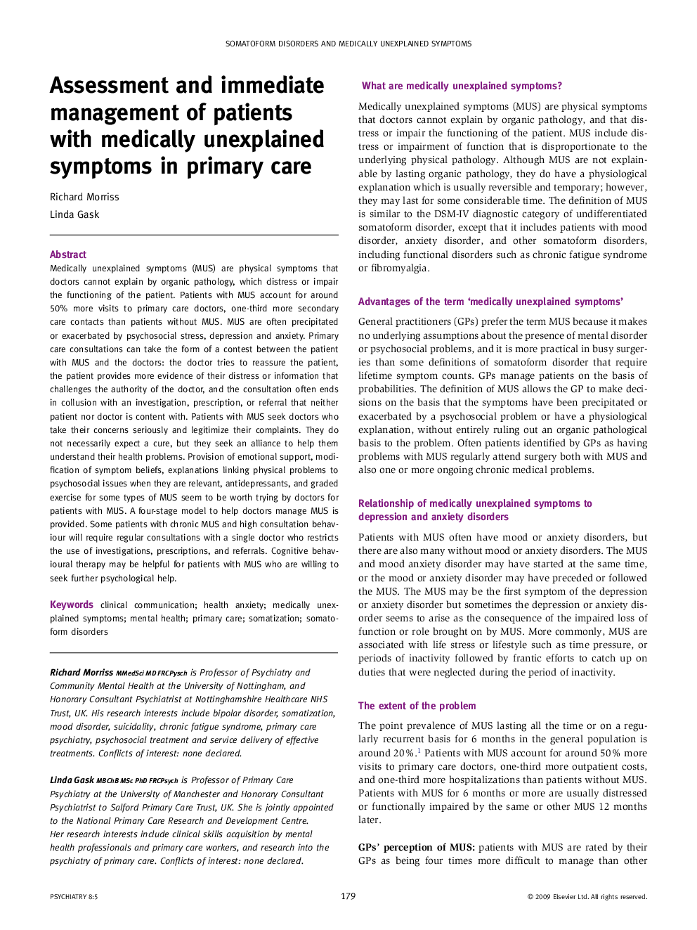 Assessment and immediate management of patients with medically unexplained symptoms in primary care