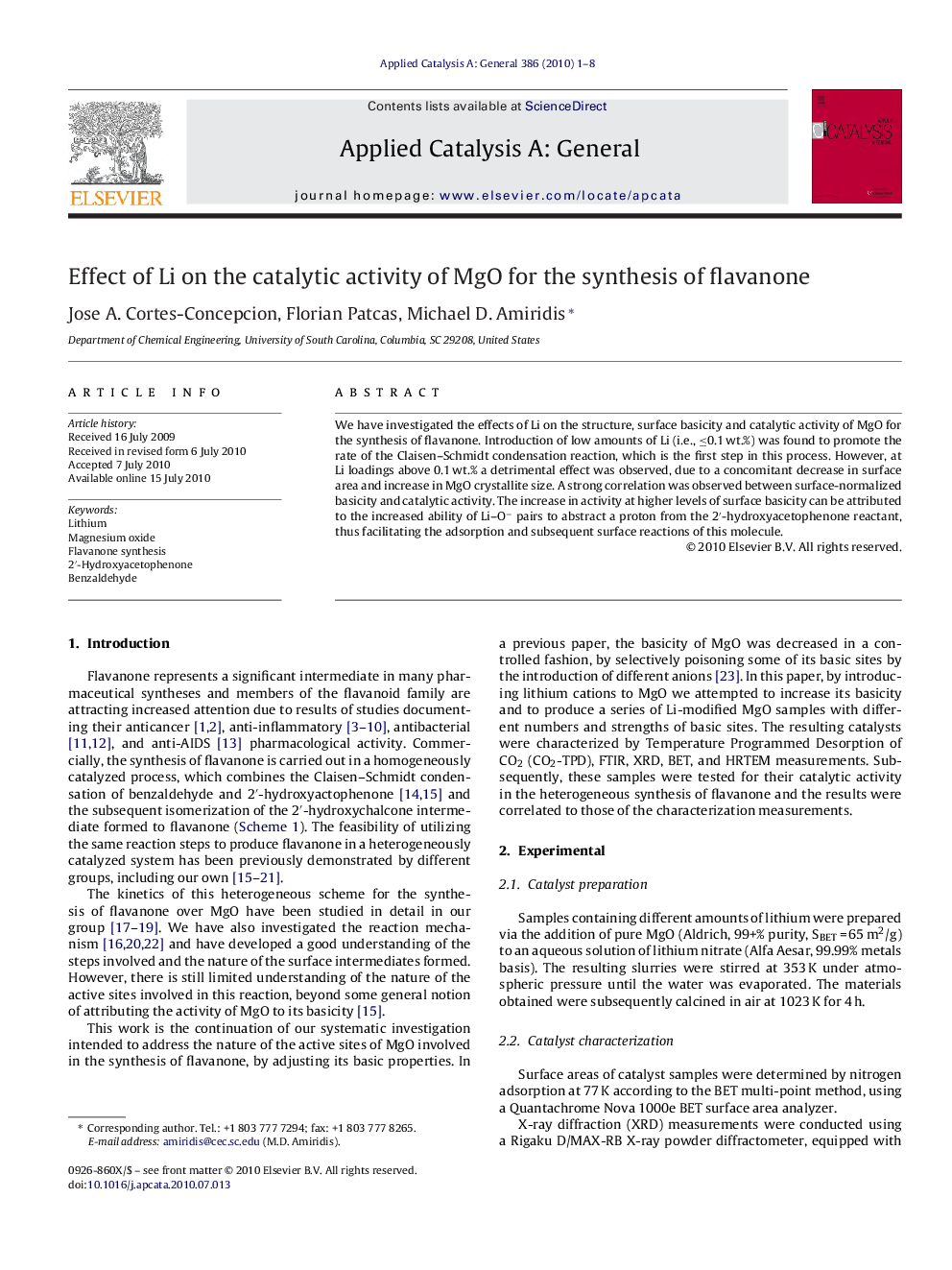 Effect of Li on the catalytic activity of MgO for the synthesis of flavanone