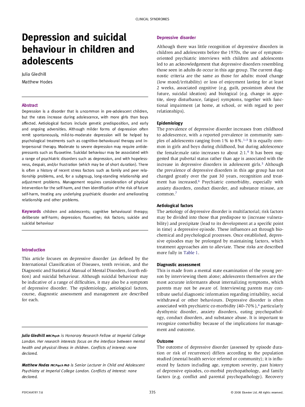 Depression and suicidal behaviour in children and adolescents