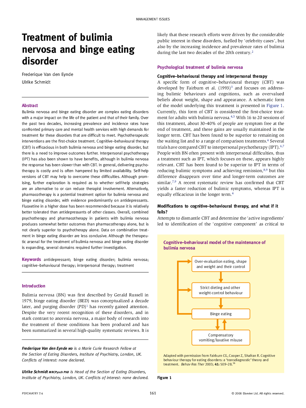 Treatment of bulimia nervosa and binge eating disorder