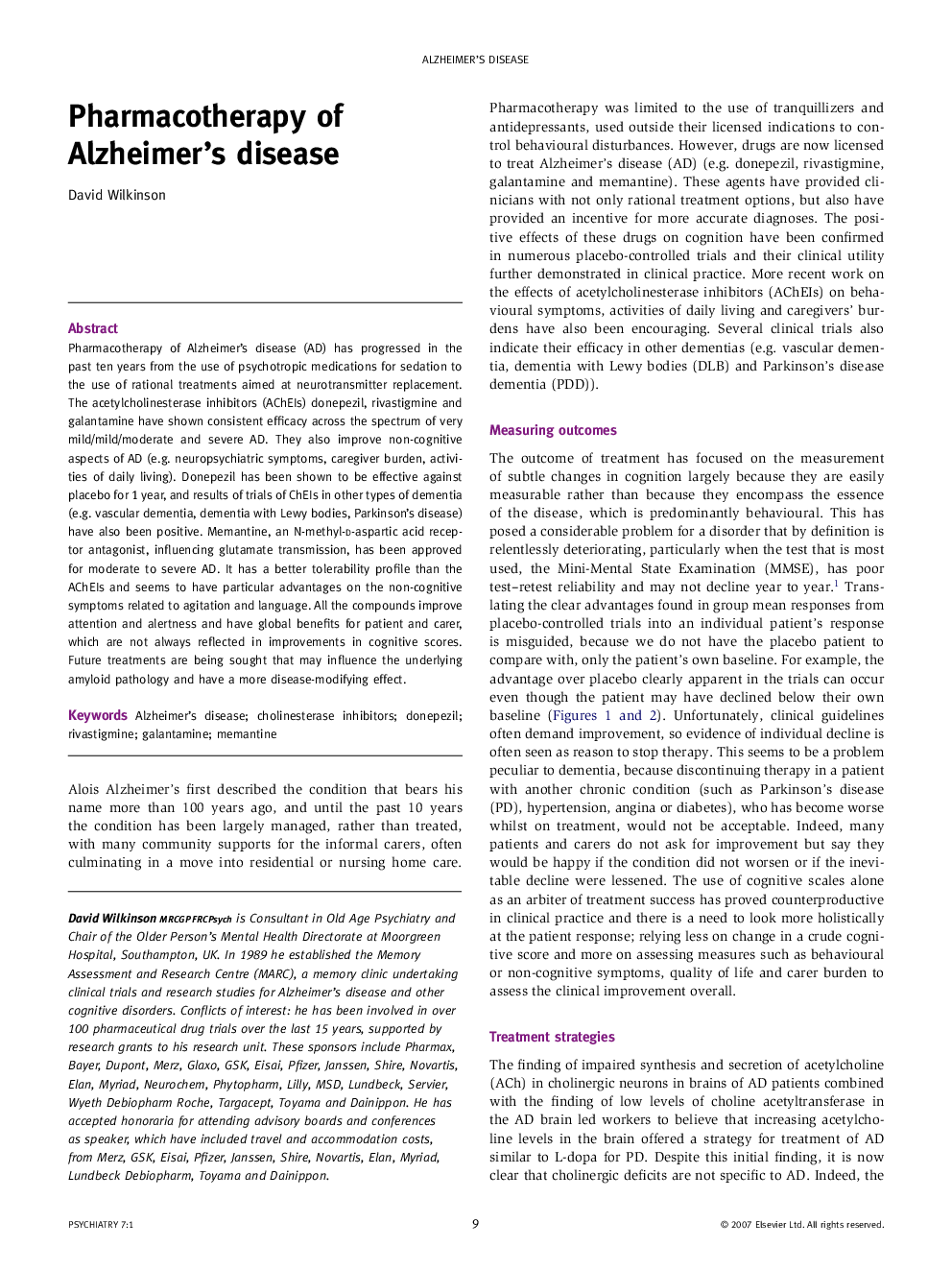 Pharmacotherapy of Alzheimer’s disease