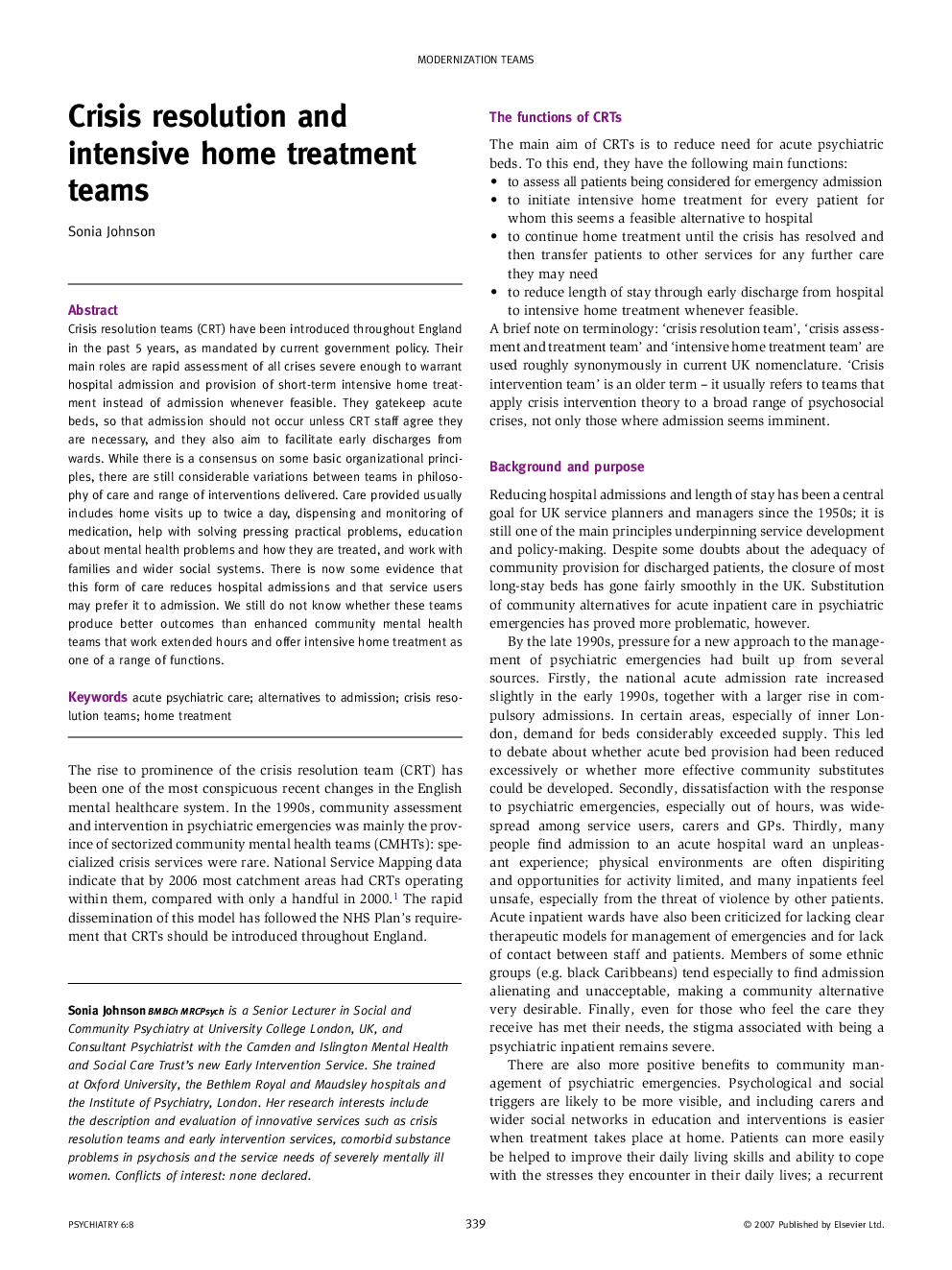 Crisis resolution and intensive home treatment teams