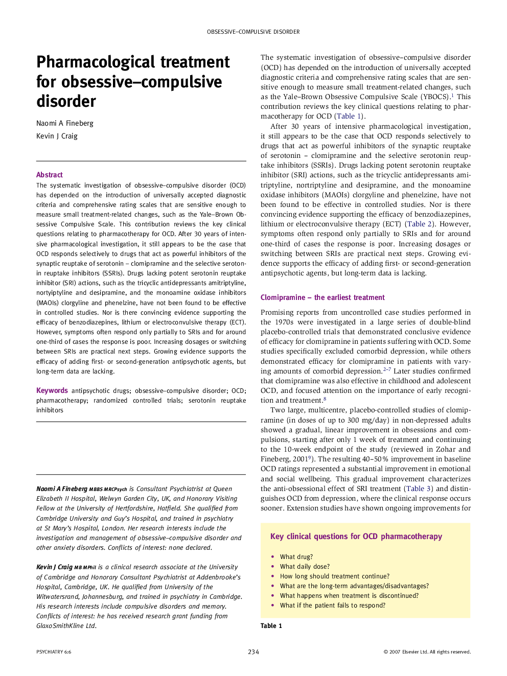 Pharmacological treatment for obsessive–compulsive disorder